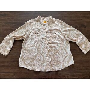Ruby Rd Womens 20W Snakeskin Print Button Down Blouse Roll Tab Sleeve Tan Pink